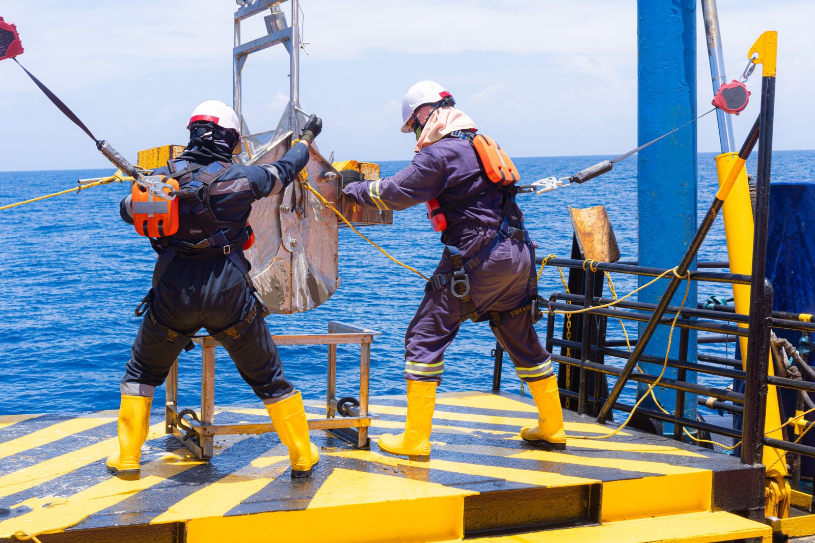 Marine experts deploying equipment for benthic organism collection